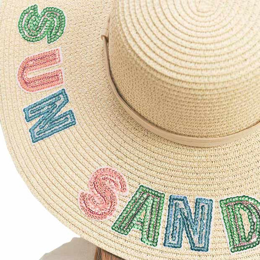 Sun Sand Sea Sequin Message Straw Panama Sun Hat
