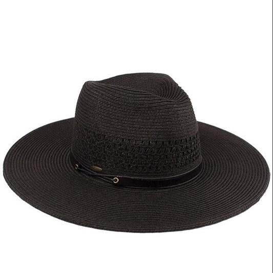 C.C Women's Faux Leather String Paper Straw Panama Hat Sun