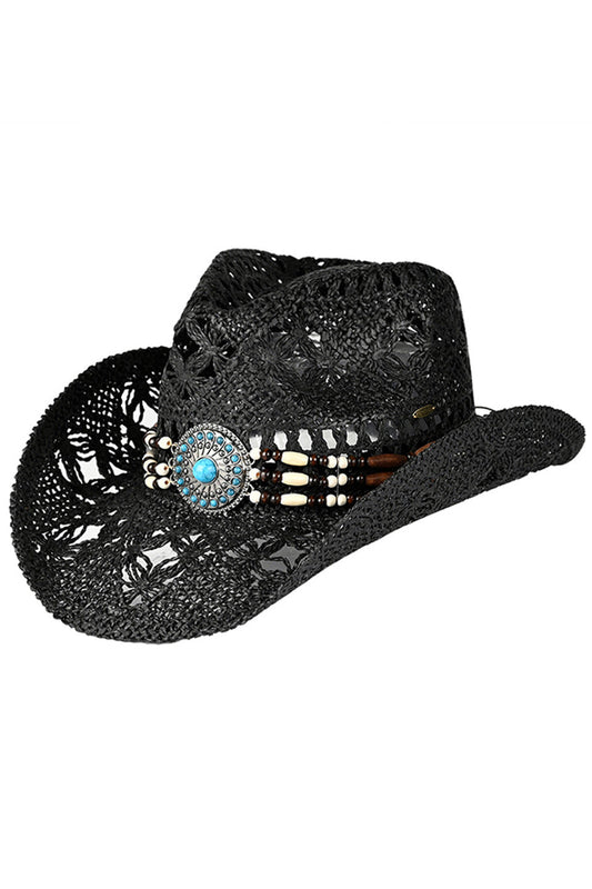 C.C Women's Western Wooden Bead Band Tea-Stain Cowboy Hat