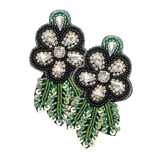 Felt Back Sequin Stone Seed Beaded Flower Leaf Earrings