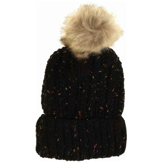 Fuzzy Lined Flecked Fur Pom C.C Beanie