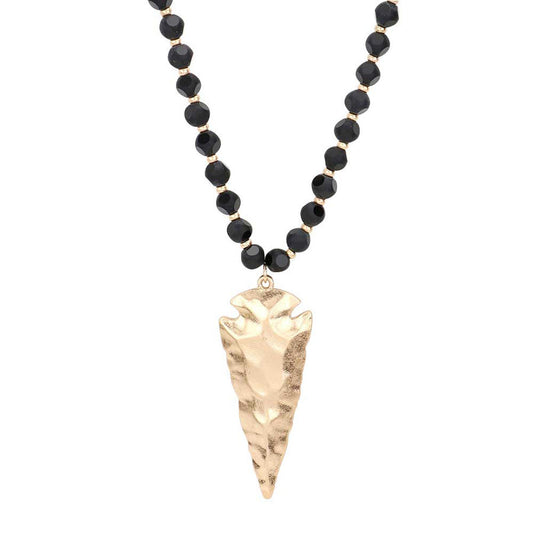 Hammered Metal Arrow Pendant Faceted Beads Long Necklace