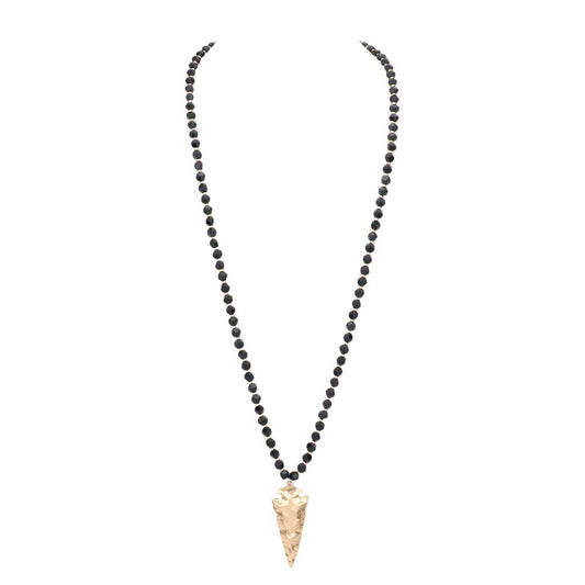 Hammered Metal Arrow Pendant Faceted Beads Long Necklace