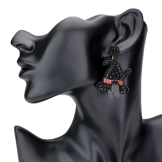 Rhinestone Beaded Witch Hat Dangle Earrings