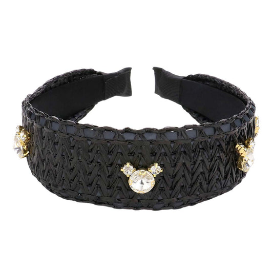 Stone Embellished Woven Straw Headband