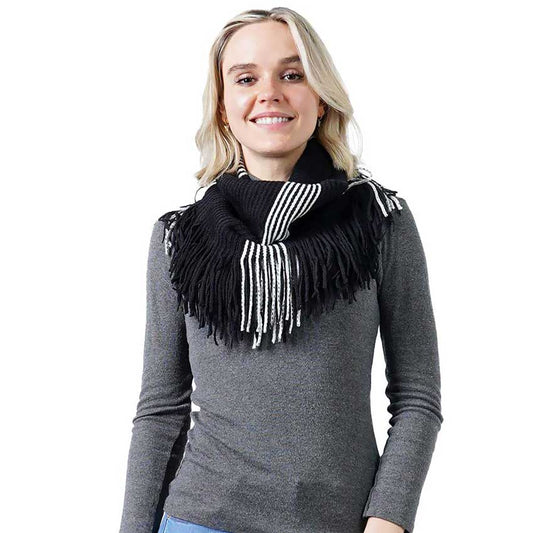 Stripe Knit Tube Scarf With Tassel