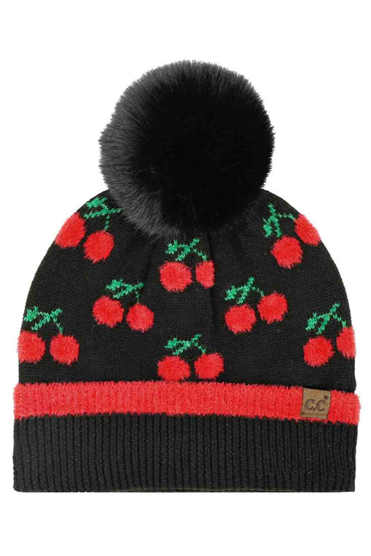 CC Beanie Cherry Pattern Pom Beanie Winter Hat