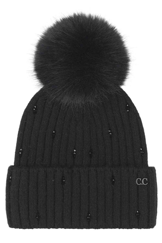 C.C Glass Bead Embellishment Faux Fur Pom Beanie