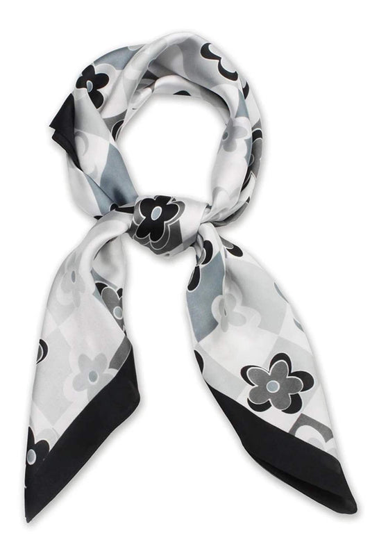 Flower with Checker Print Satin Square Scarf