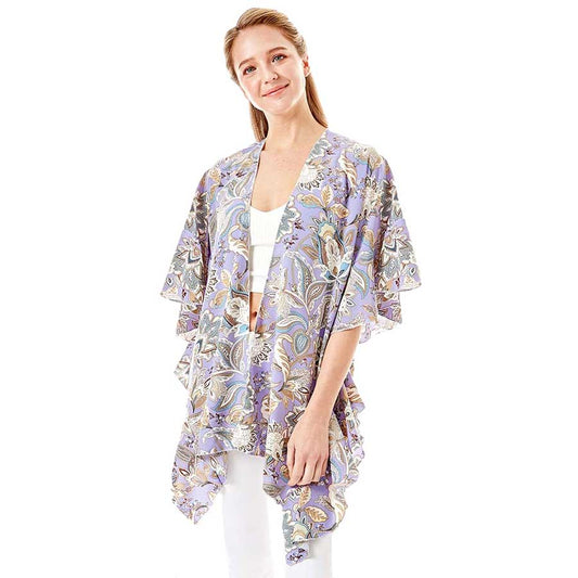 Floral Paisley Printed Ruffle Sleeves Cover Up Kimono Poncho