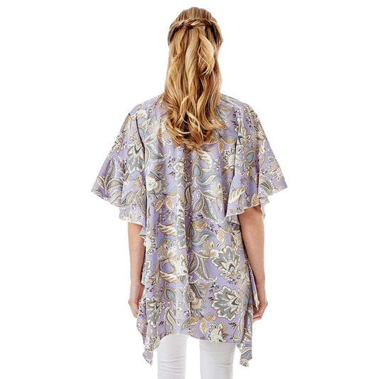 Floral Paisley Printed Ruffle Sleeves Cover Up Kimono Poncho