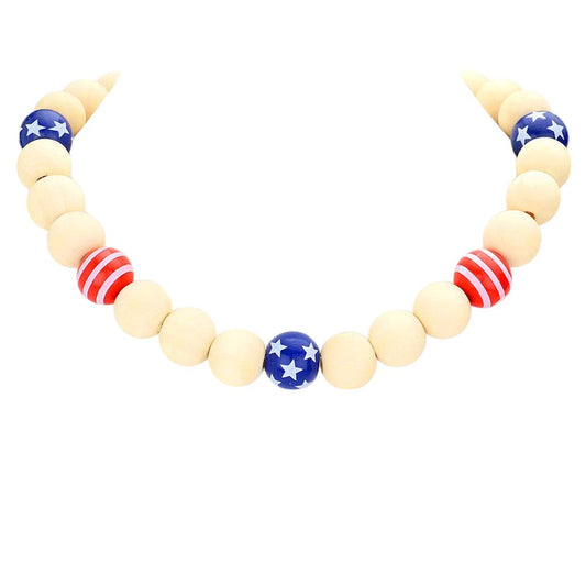American USA Flag Wood Ball Collar Necklace