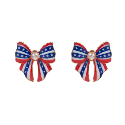 Patriotic Pearl Pointed Enamel American USA Flag Bow Stud Earrings