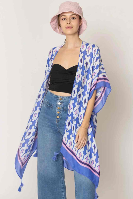 Charm Tile Print Stripe Edge Tassel Kimono