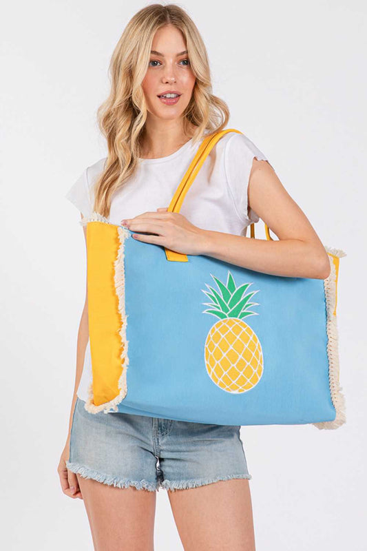 Pineapple Embroidered Design Patch Summer Tote Bag