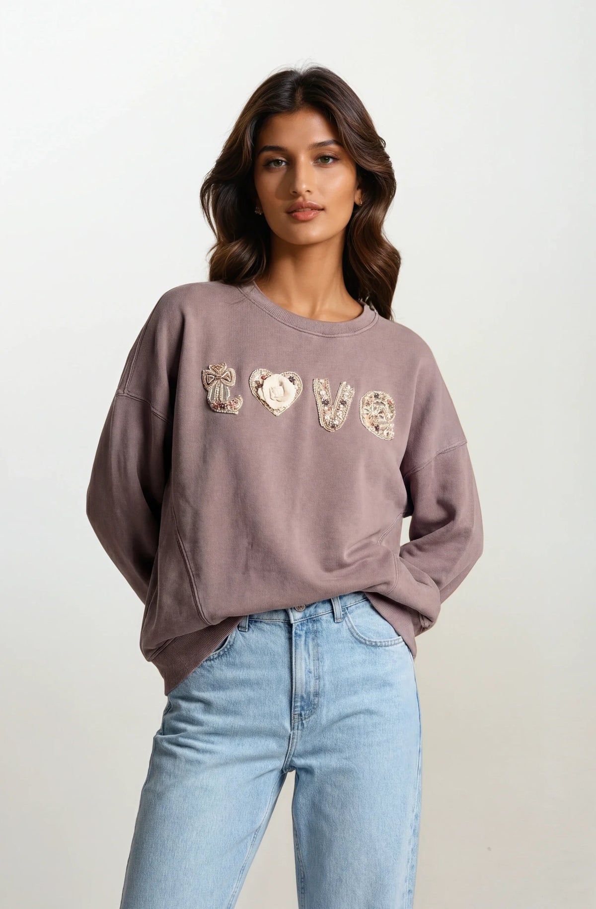 Boho "Love" Embellished Mineral Wash Sweatshirt