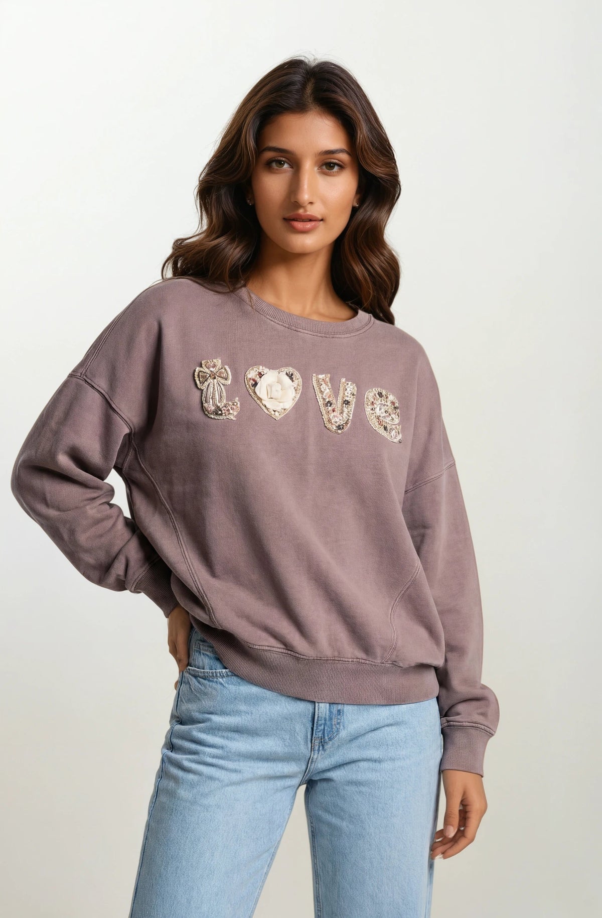 Boho "Love" Embellished Mineral Wash Sweatshirt