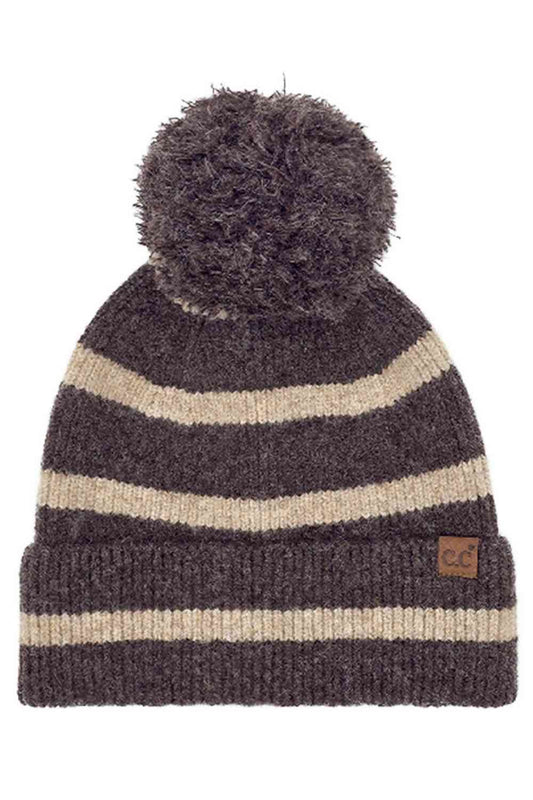 C.C Two Tone Stripe Yarn Pom Beanie