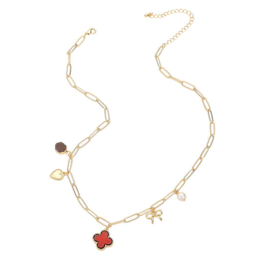 Quatrefoil Bow Heart Pearl Charm Station Paperclip Chain Necklace
