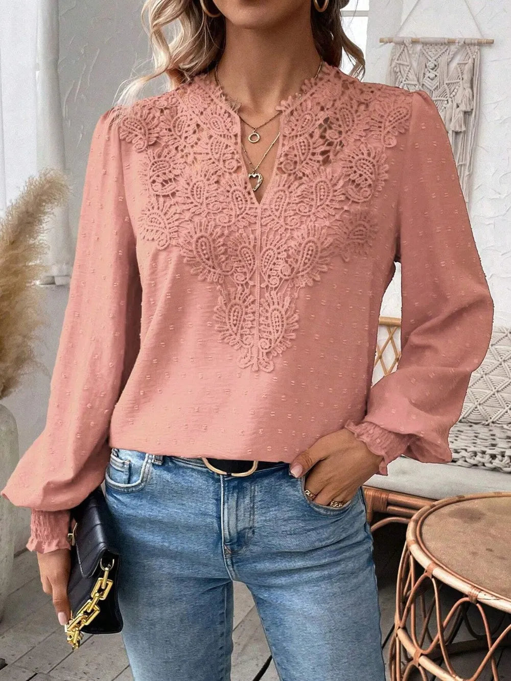 Swiss Dot Lace Detail Notched Long Sleeve Blouse – Feminine Style