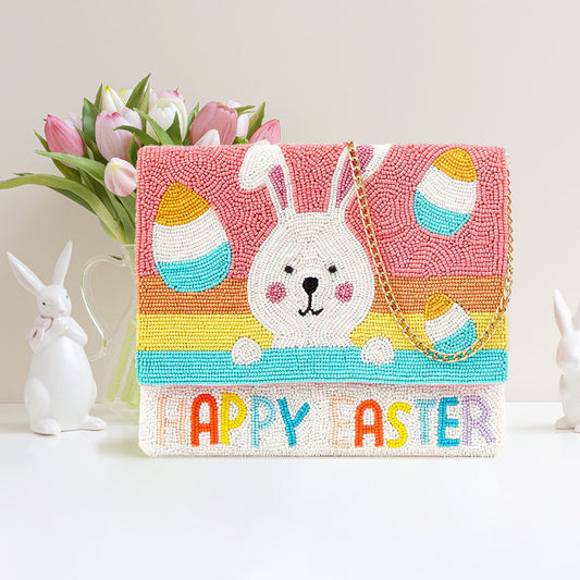 HAPPY EASTER Message Seed Beaded Easter Bunny Clutch / Crossbody Bag