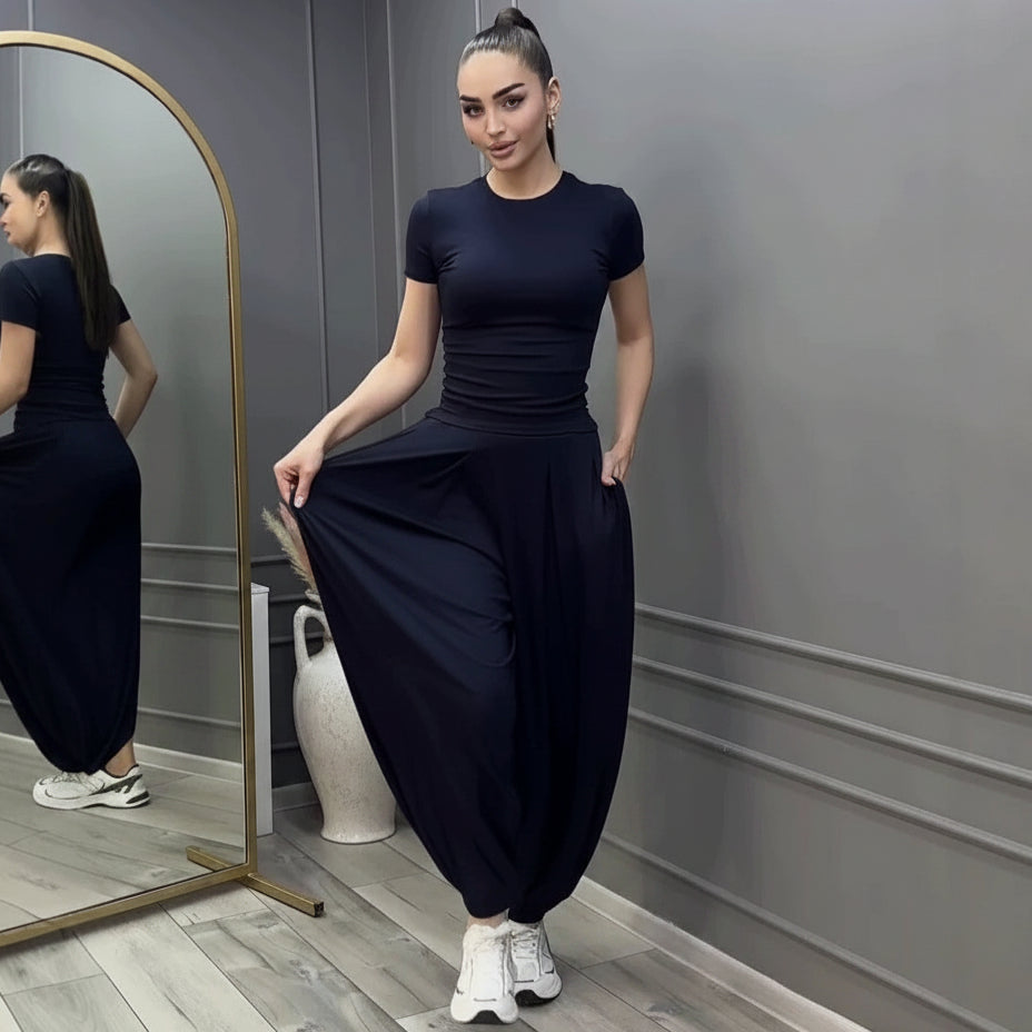 Women's Short Sleeve Fitted Tee & Wide-Leg Harem Pants Set