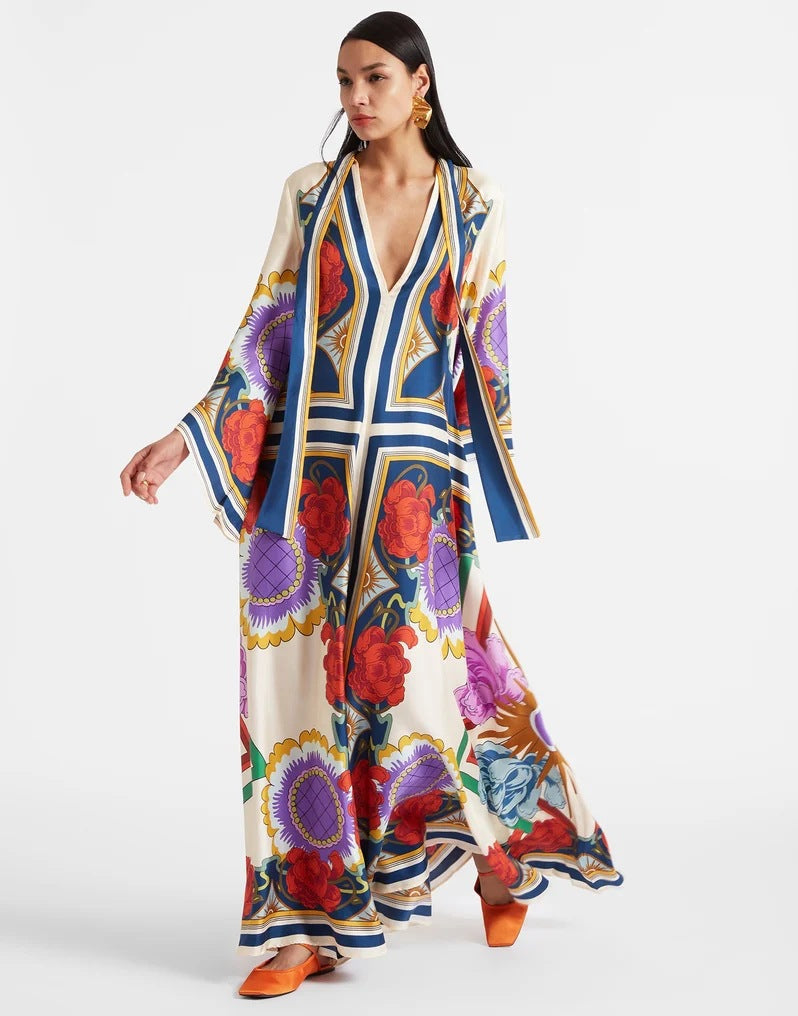 Women's Printed Maxi Dress – Stand Collar Flared Sleeve A-Line Gown