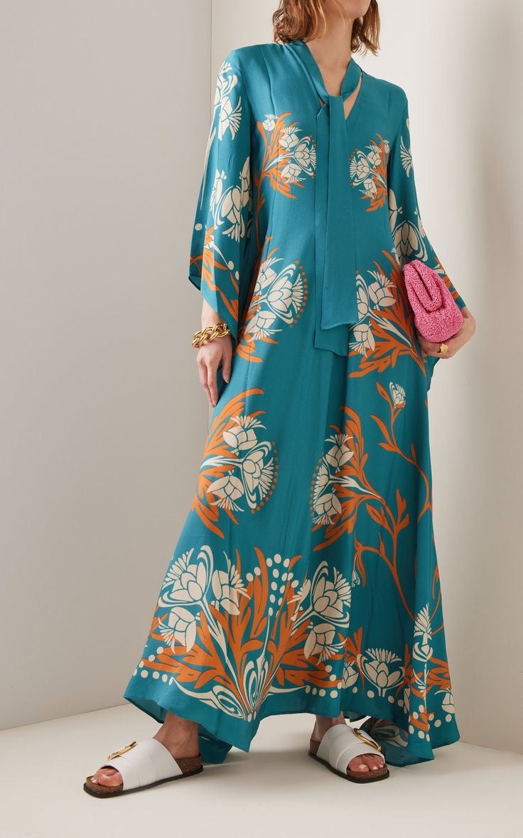 Women's Printed Maxi Dress – Stand Collar Flared Sleeve A-Line Gown