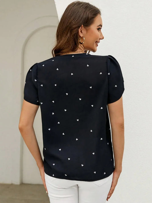 Women's V-Neck Heart Print Blouse β Petal Sleeve Pleated Front Elegant Top