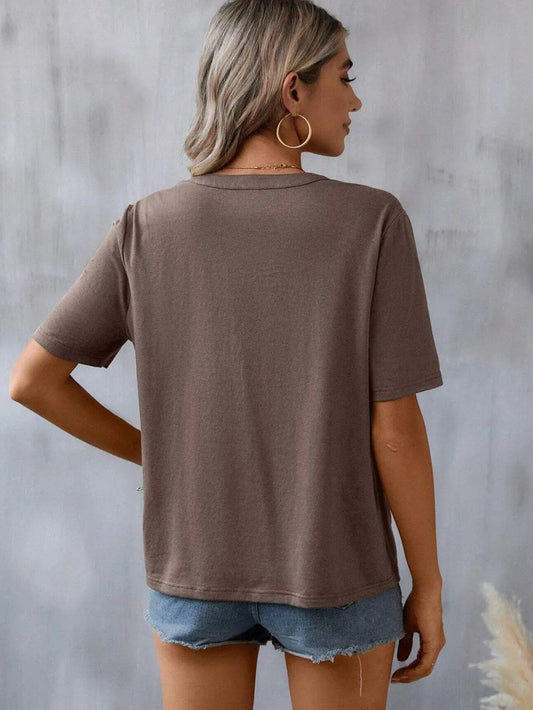 Women's Floral Embroidered Notched V-Neck T-Shirt โ Short Sleeve Boho Lace Trim Top