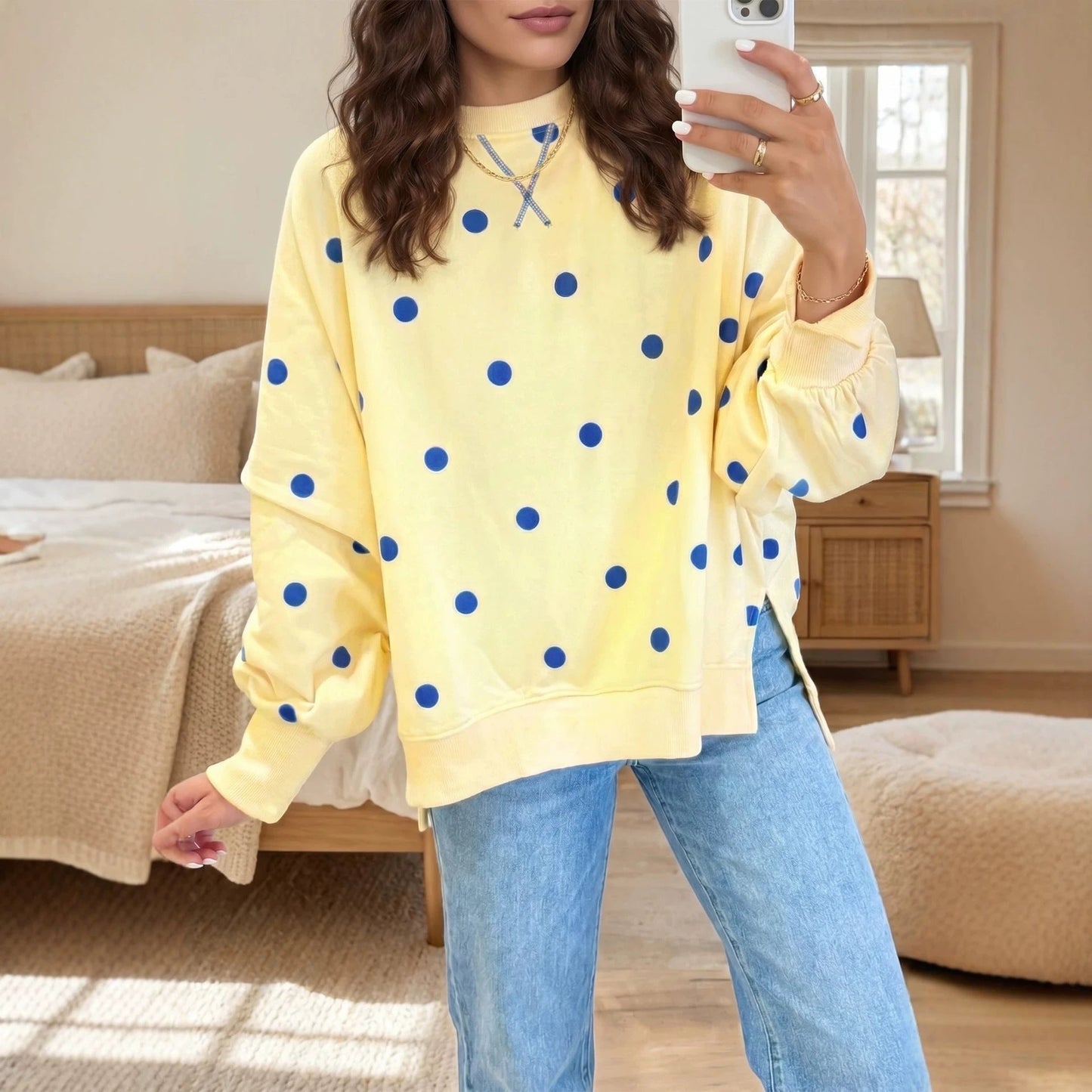 Women's Polka Dot Loose Hoodie Sweatshirt – Long Sleeve Pullover Top