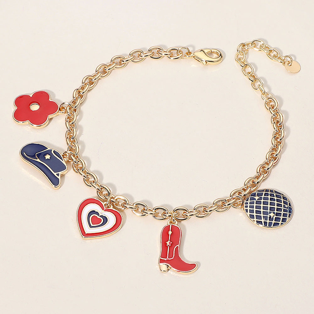 Enamel American USA Western Cowboy Boot Hat Heart Flower Charm Station Bracelet