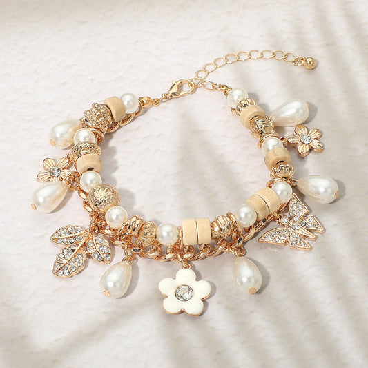 Rhinestone Pave Leaf Flower Pearl Charm Wooden Beaded Bracelet