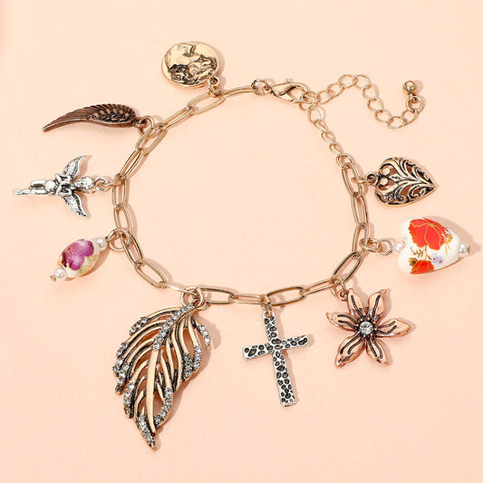 Leaf Flower Angel Cross Heart Wing Charm Station Paperclip Chain Bracelet