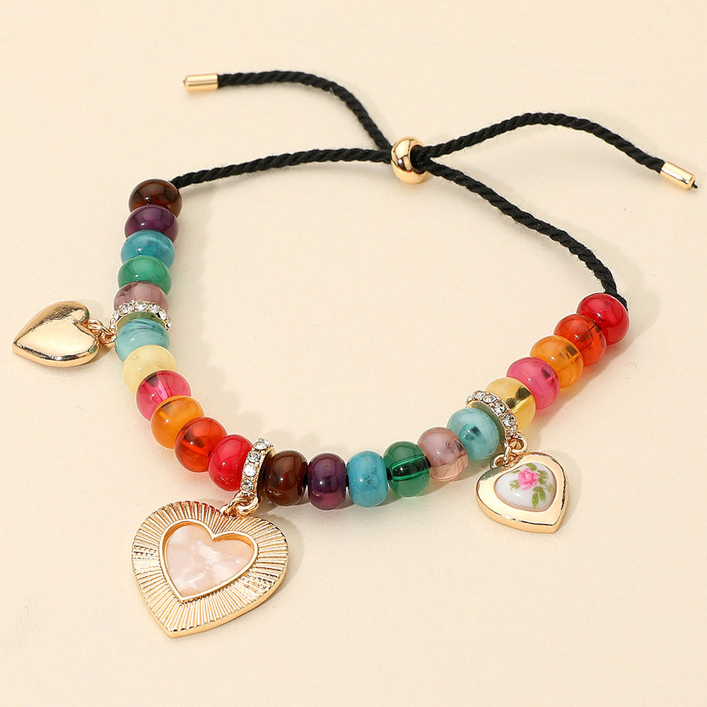 Heart Charm Station Multicolor Beaded Adjustable Bracelet
