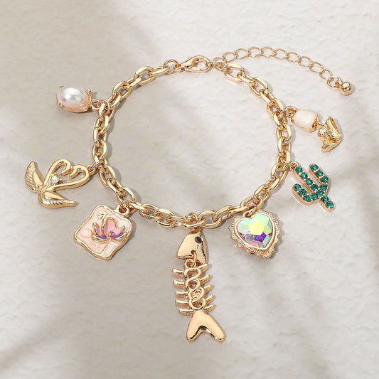 Fishbone Heart Cactus Pearl Flower Charm Station Bracelet
