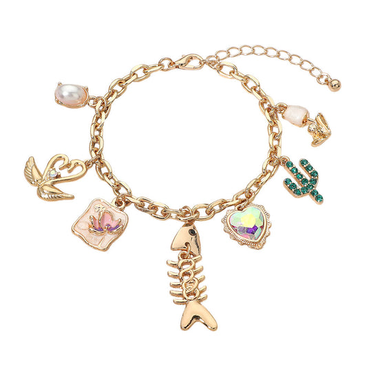 Fishbone Heart Cactus Pearl Flower Charm Station Bracelet