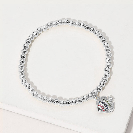 Stainless Steel Ball Stone Paved Fish Charm Beaded Stretch Bracelet