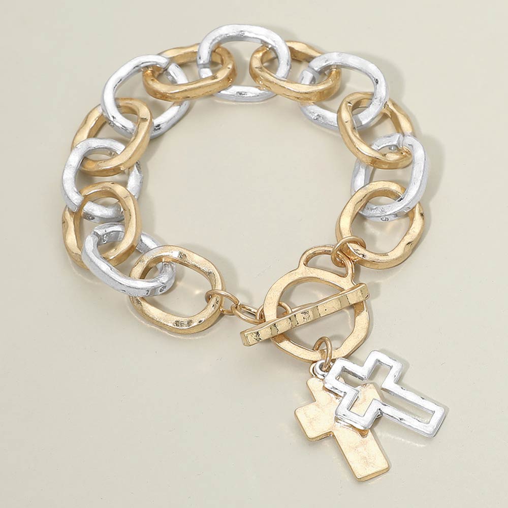 Hammered Layered Cross Charm Chunky Chain Toggle Bracelet