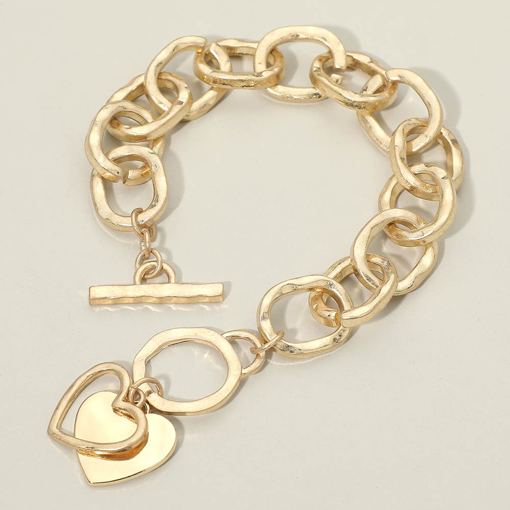 Hammered Layered Heart Charm Chunky Chain Toggle Bracelet