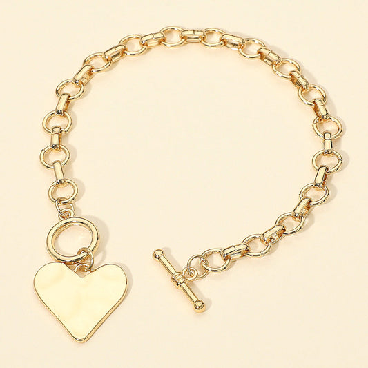 Hammered Metal Heart Charm Chain Link Toggle Bracelet