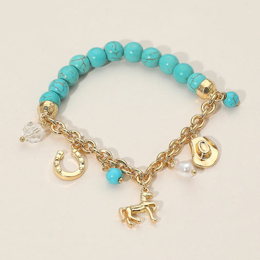 SECRET BOX_Western Horse Horse Shoe Cowboy Hat Pearl Charm Beaded Stretch Bracelet