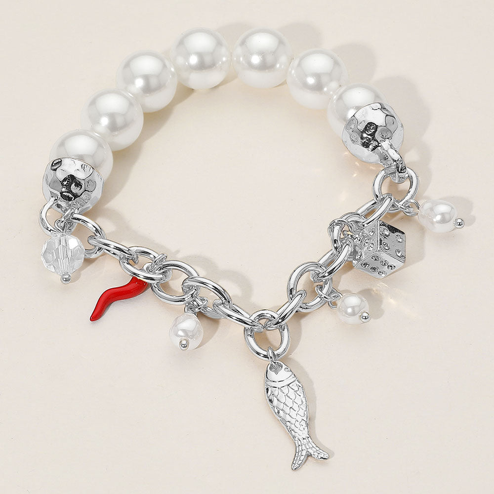 SECRET BOX_Fish Dice Chili Charm Pearl Beaded Stretch Bracelet