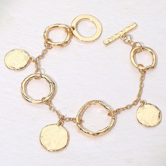 Hammered Metal Disc Charm Ring Link Bracelet