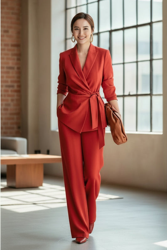 Women's Belted Blazer Wrap Top & Wide-Leg Trousers Suit Set