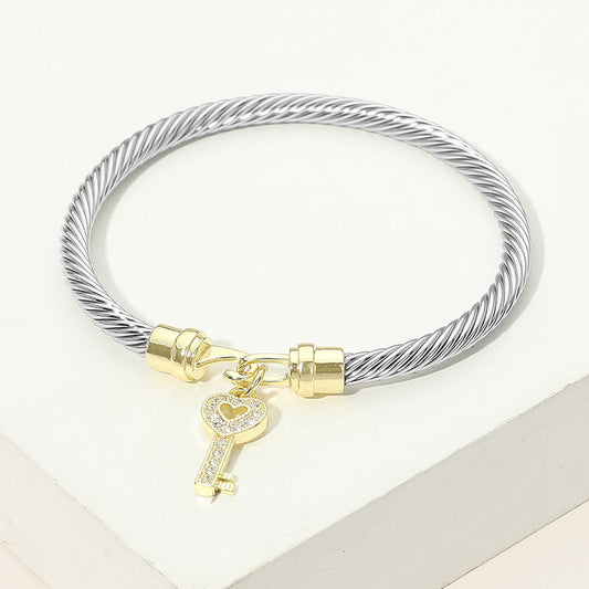 Two Tone CZ Pave Key Charm Cable Bangle Bracelet