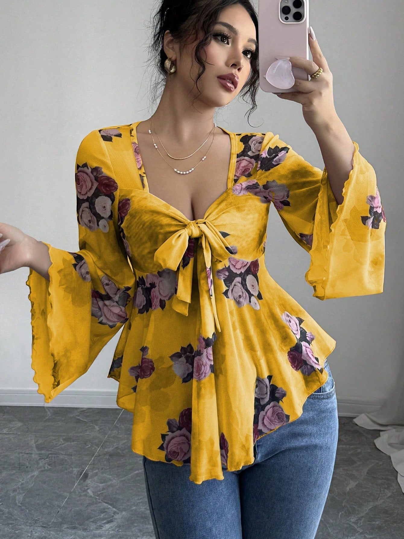 Floral Ombré Tie-Back Square Neck Long Sleeve Blouse – Sweet Style
