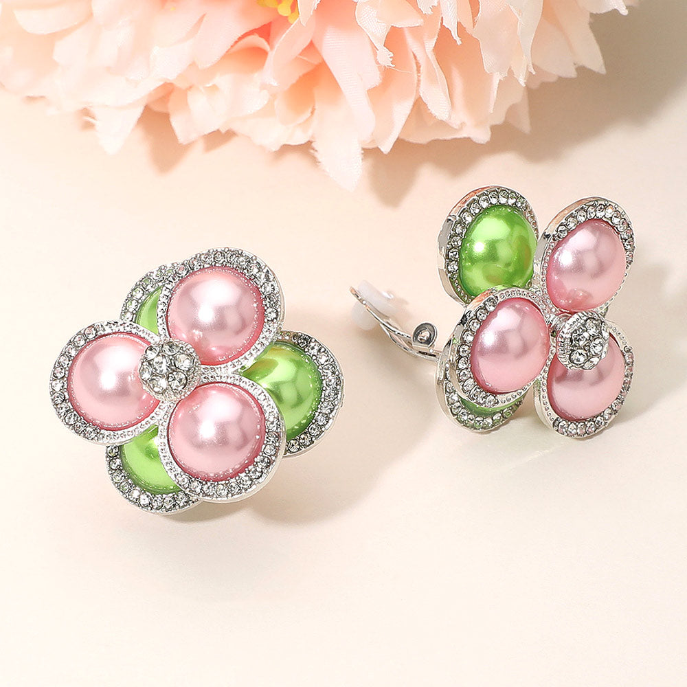 Pearl Cluster Flower Evening Clip On Earrings