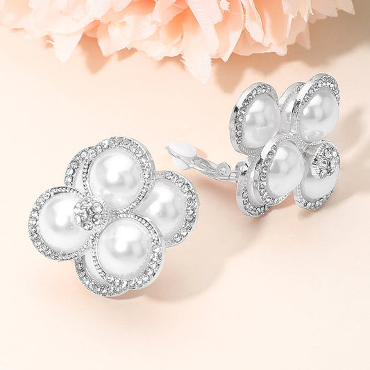Pearl Cluster Flower Evening Clip On Earrings