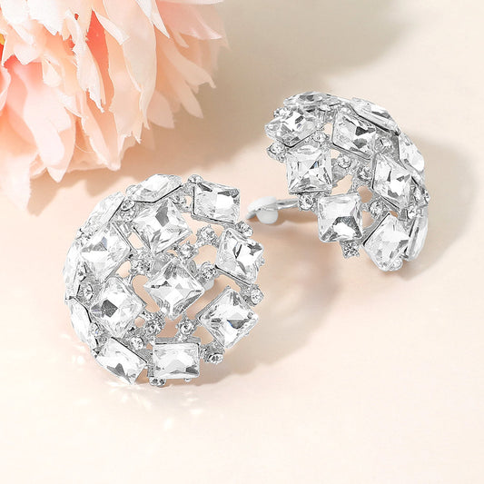 Square Stone Cluster Embellished Dome Evening Clip On Earrings